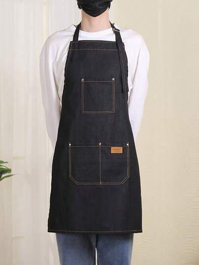 1 pieza Delantal de mezclilla estilo vintage para barberías, delantal para planchado, coloración y tratamientos con aceites esenciales de peluqueros, ropa de trabajo multifuncional con bolsillos