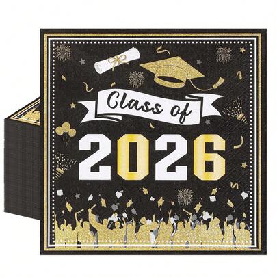 50 chiếc khăn ăn tiệc tốt nghiệp màu đen và vàng, kích thước 6,5"X6,5".