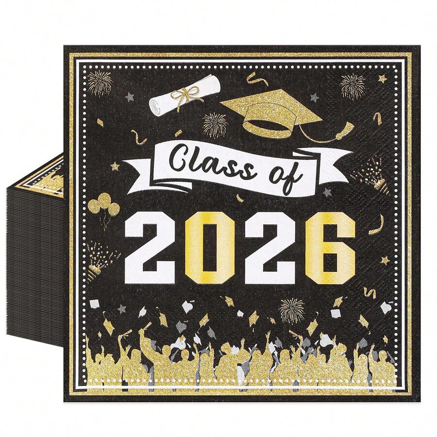 50 chiếc khăn ăn tiệc tốt nghiệp màu đen và vàng, kích thước 6,5"X6,5". - Xem 1