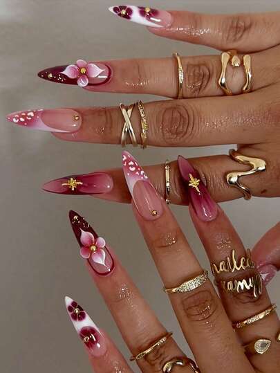 24pcs Y2K Style Long Slim Acrylic Flower Fake Nails Set, Y2K Red 3D Faux Nail Stickers With Gold Stars/Pearls Decor, Suitable For Nail Salons, Girls & Women For Daily Wear, Festivals, Parties, Gifts
