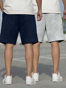 2件組青少年男孩夏季休閒戶外百搭直筒膝蓋長度短褲，黑色與灰色 - 彩色 - 查看 2