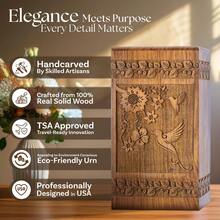 Handcarved Wooden Cremation Urn For Human Ashes - Tree Of Life Design, 250 Lbs Capacity, Suitable For Adult Men And Women - Decorative Funeral Urn Box And Casket - Hummingbird-rosewood - View 1