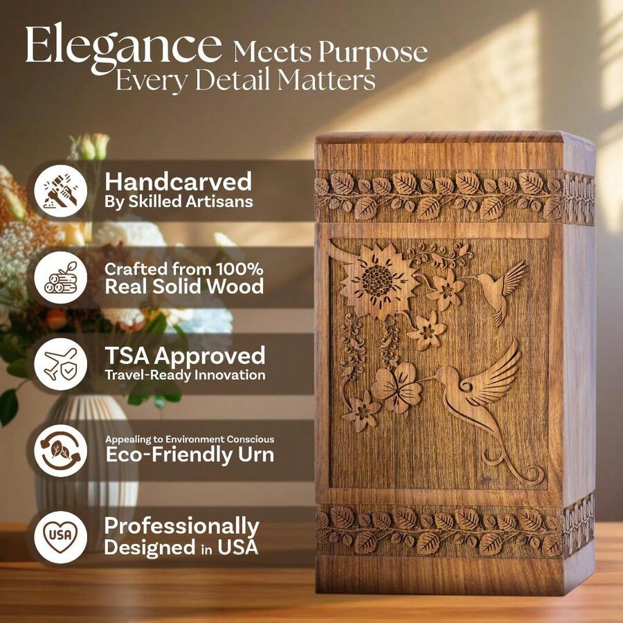 Handcarved Wooden Cremation Urn For Human Ashes - Tree Of Life Design, 250 Lbs Capacity, Suitable For Adult Men And Women - Decorative Funeral Urn Box And Casket - Hummingbird-rosewood - View 1