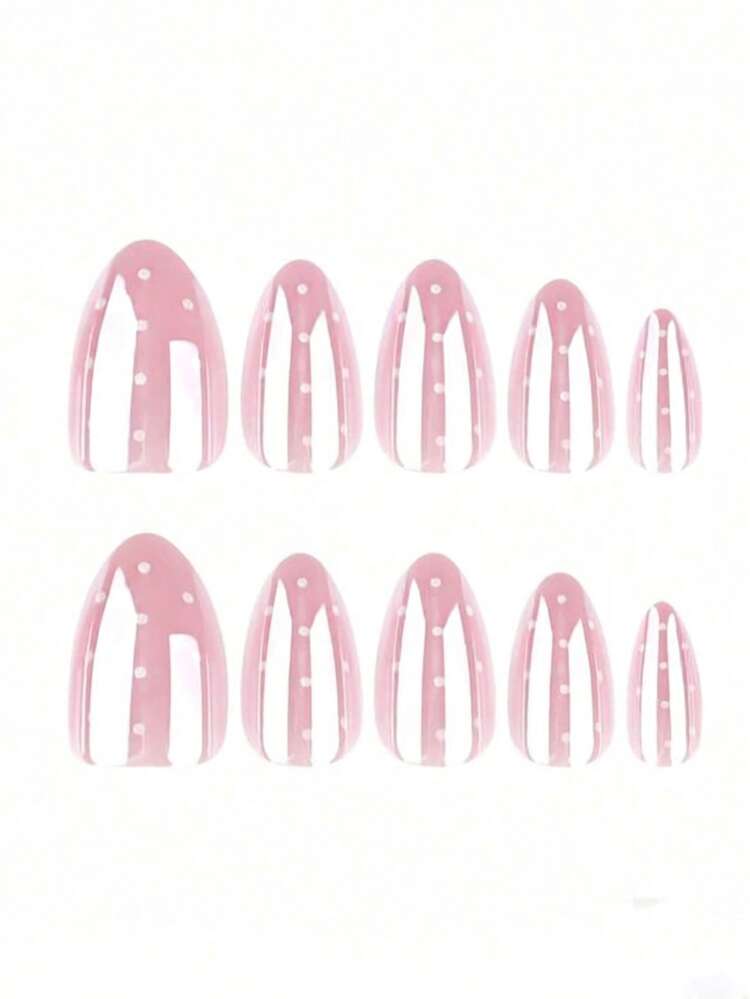 24pcs Short Nails, Pink Color, Glitter Coated, White Polka Dot Almond Shape Nails + 1pc Jelly Gel + 1pc Nail Buffer - Pink - View 2