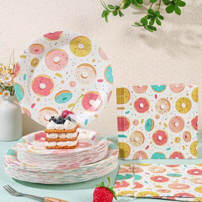 彩色甜甜圈一次性派对餐具套装，7/9英寸一次性纸盘，餐巾纸，适合家庭聚会、性别揭晓派对、节日庆典、生日派对、婚礼、单身派对、野餐及其他活动