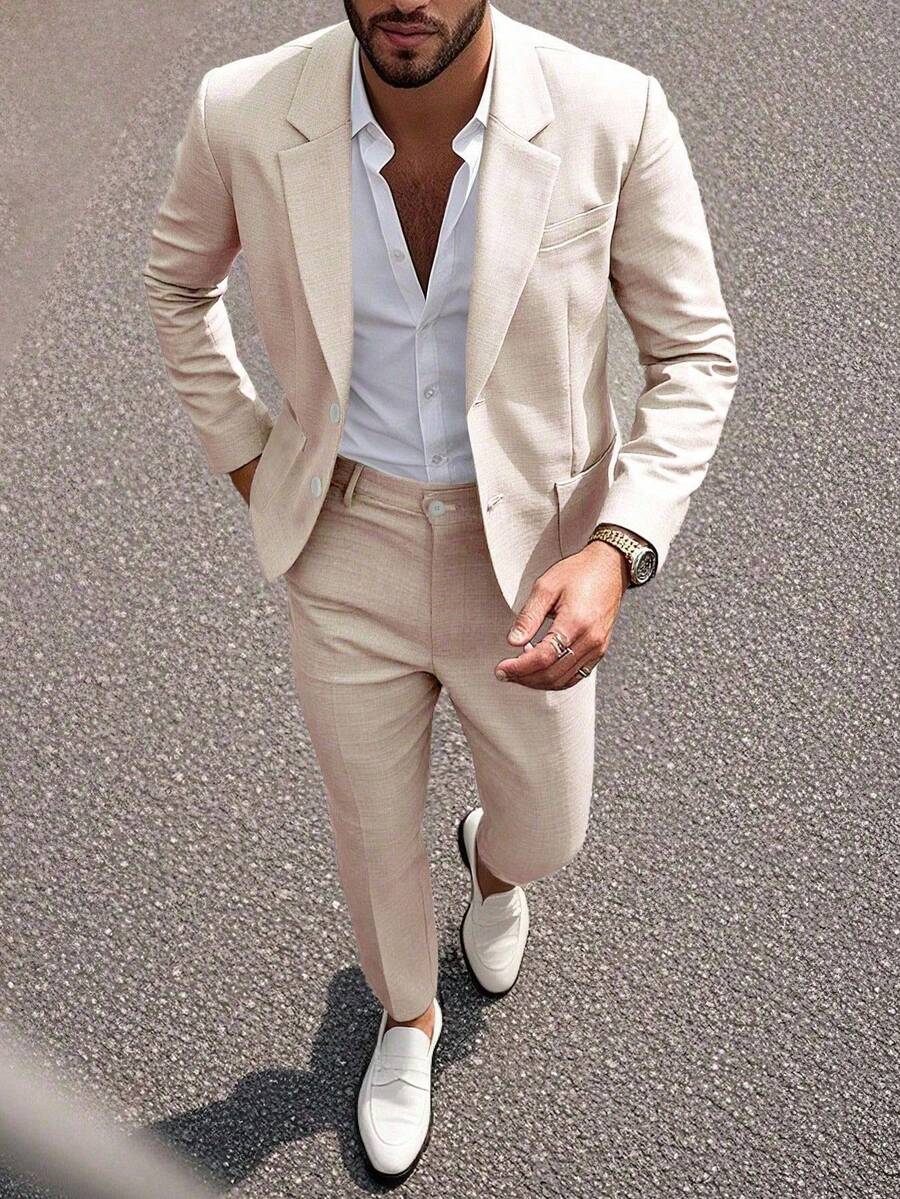 2026 Spring/Summer European And American Men's Suit Set, Solid Color Elegant Banquet Dress, Light Business Suit - Khaki - View 1
