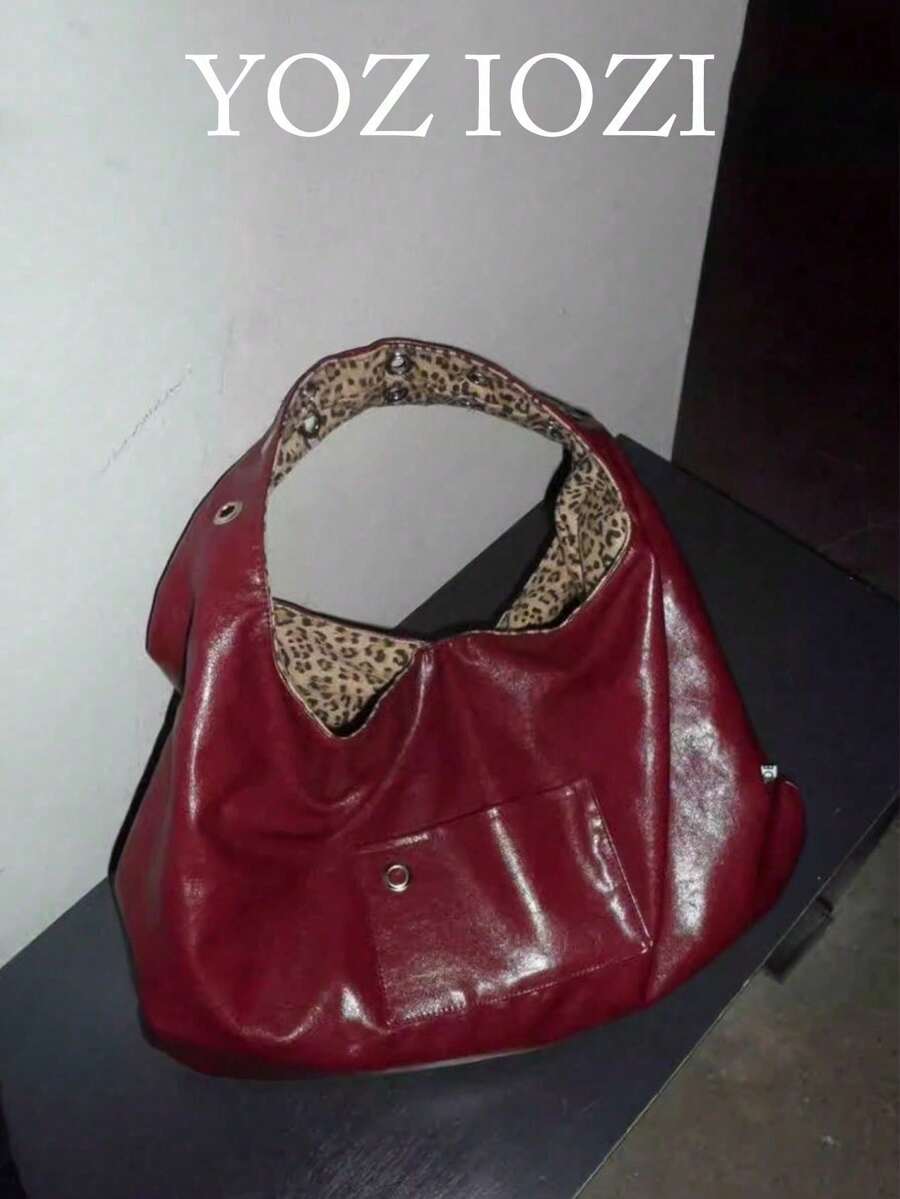 Campus Chic Leopard Print Reversible Tote Bag, Large Capacity Student Shoulder Bag, Burgundy, Suitable For University Girls, Street & Japanese Bag For Women, Fashionable Burgundy Bag , Red Bag , Burgundy Bag - 紅色 - 查看 1