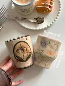 290毫升复古手工苹果小狗陶瓷杯，防滑杯，咖啡杯，拿铁杯，家用下午茶杯，节日礼物叠放杯，优雅法式花卉杯，牛奶杯，马克杯 - 彩色 - 查看 10