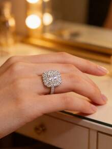 Anillo con incrustaciones de circonita, diseño de nicho de lujo, regalo de San Valentín o aniversario para la novia - Plateado - Ver 12