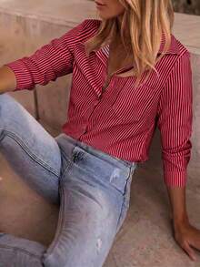 Elegant Satin Women's Long Sleeve Office Business Shirt, Solid Color & Striped Woven Fabric, Button & Pocket - Redwood - View 3