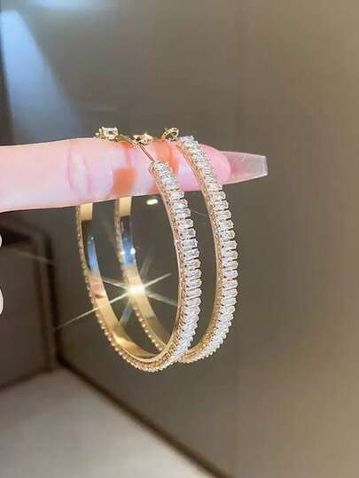 1 Pair: Vintage Elegant, Sparkling Zirconia Large Hoop Earrings, For Women, Made Of 100% Hypoallergenic Copper Base, 14K Gold Or 925 Silver Plated, Suitable For Daily Wear, Mother's Day, Holiday Gifts