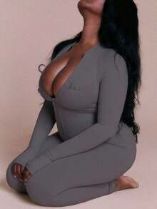 New Fashionable Personalized Street Style Commuter Tight Zip-Up Long Sleeve Jumpsuit Black Spring - Grey - View 6