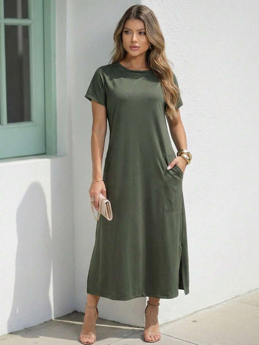 Comfortable Women's Midi Dress With Practical Pocket And Side Slit - Casual And Elegant - 綠色 - 查看 1