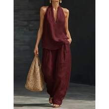 2026 Spring And Summer French Temperament Neck V-Neck Leaking Back Top, Cool Feeling Comfortable And Thin Wide-Leg Pants Set,Trajes Elegantes De Mujer,Conjunto De Dos Piezas Mujer - 酒紅色 - 查看 6
