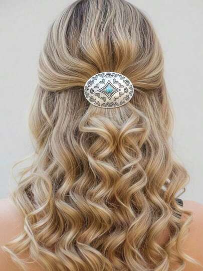 1pc Vintage Metal Western Style Antique Silver Geometric Turquoise Oval Hair Clip, Hair Accessory Gift For Women, Mother, Wife, Girlfriend On Valentine's Day, Mother's Day, Claw Clips, Hair Slide, Hair Barrettes, Hair Accessories For Women, Head Accessories, Hairpin