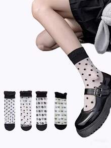 4双装玻璃丝黑色半透明花卉、爱心、蝴蝶结、波点经典百搭春夏时尚长筒袜 - 彩色 - 查看 1