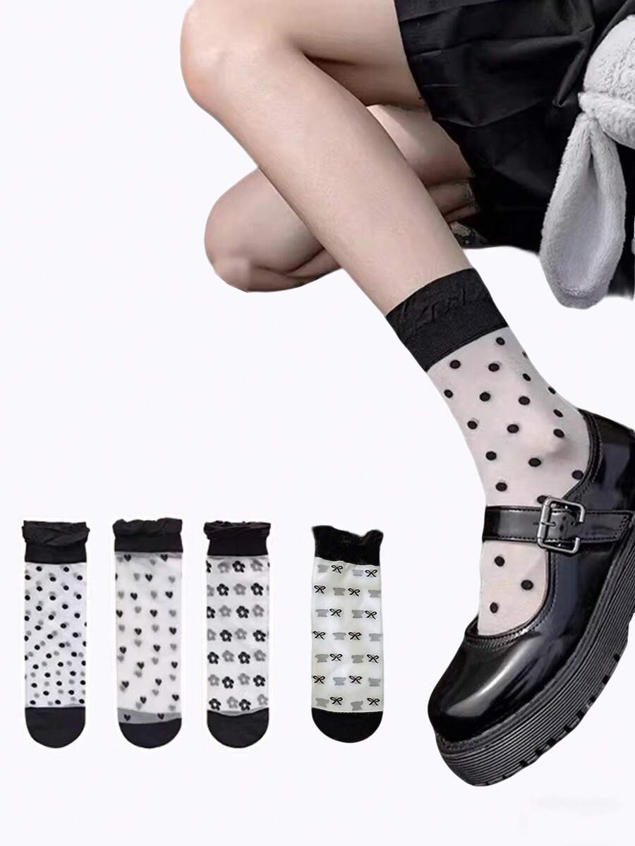 4双装玻璃丝黑色半透明花卉、爱心、蝴蝶结、波点经典百搭春夏时尚长筒袜 - 彩色 - 查看 1