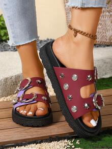 2026 Summer New Women's Burgundy And Purple Color-Block Metal Buckle Thick-Soled Slides, Round Toe, Leather Strap Decor, Slip-On Thick-Soled Sandals, Contrast Color, PU Material, Personalized-Catching, Metal Buckle Star Rivet Sweet & Cool Decor, Double Wide Straps Fit Foot Shape, Thick Sole Increase Height Anti-Slip Wear-Resistant, European And American Street Style Music Festival Women Shoes - Wine Red Violet - View 6