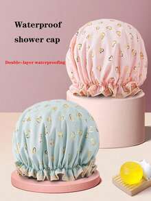 1pc Reusable Stretchy Shower Cap, Women's Double-Layer Hair Care Shower Cap, Suitable For Females, Spas, Home And Hotels, Waterproof Material, Soft Fabric, Travel Essential, Foil Print - Multicolor - View 1