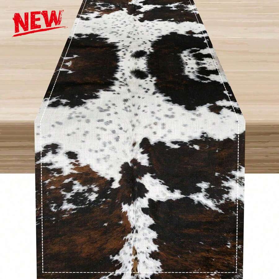 1pc Cowhide Pattern Table Runner Home Decor Rug For Kitchen Doormat Spring Summer Use, Western Farmhouse Durable Linen Fabric Rectangular 33x91cm & 33x183cm, Multipurpose For Living Room Door Party Pet Mat Wedding Centerpiece Decor - Multicolor - View 1