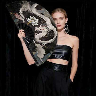 Large Retro Korean Fan, Chinese Style Foldable Portable Fan, Summer Men's Folding Fan With Majestic Horse Design, Bamboo Material