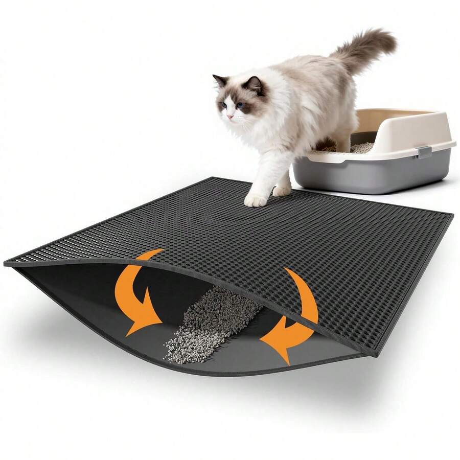 Cat Litter Mat, Double Layer Cat Litter Box Mat, EVA Non-Slip, Waterproof Urine Proof Cat Litter Catcher Mat, Easy Clean Scatter Control - Black - View 1