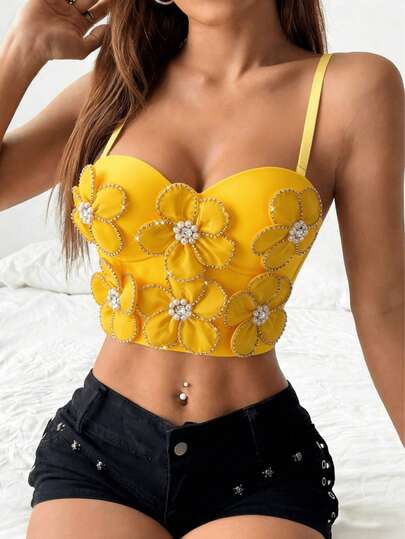 Handmade Rhinestone Chain Casual Camisole Top, Fashionable Resort Style, Versatile Daily Wear