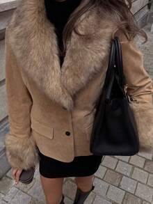 Blazer de terciopelo y piel sintética minimalista de estilo europeo y americano, nueva colección de otoño/invierno de Seelio - Marrón claro - Ver 5