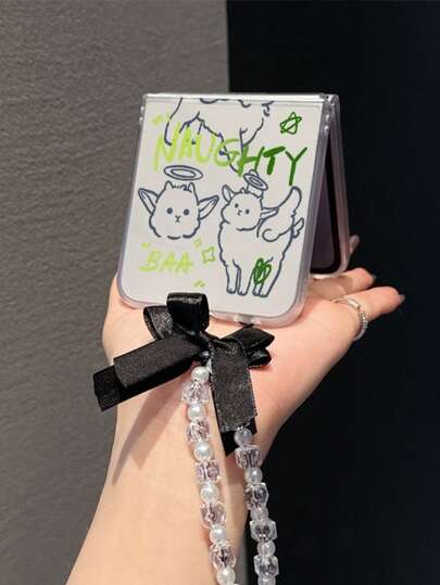 1PC Fashion Matte PC Material Simple And Cute Line Lamb Element Folding Phone Case, Paired With Same Color Bracelet, Can Protect And Prevent Falling For: SamsungGalaxy Zflip 3/Zflip 4/Zflip 5/Zflip 6/Zflip 7/ Find N3 Flip/ Razr 50 Ultra/ Razr 60 Ultra/ Rolalazar 60/ Razr 50/XiaomiMIX Flip/Galaxy Z Flip7 FE