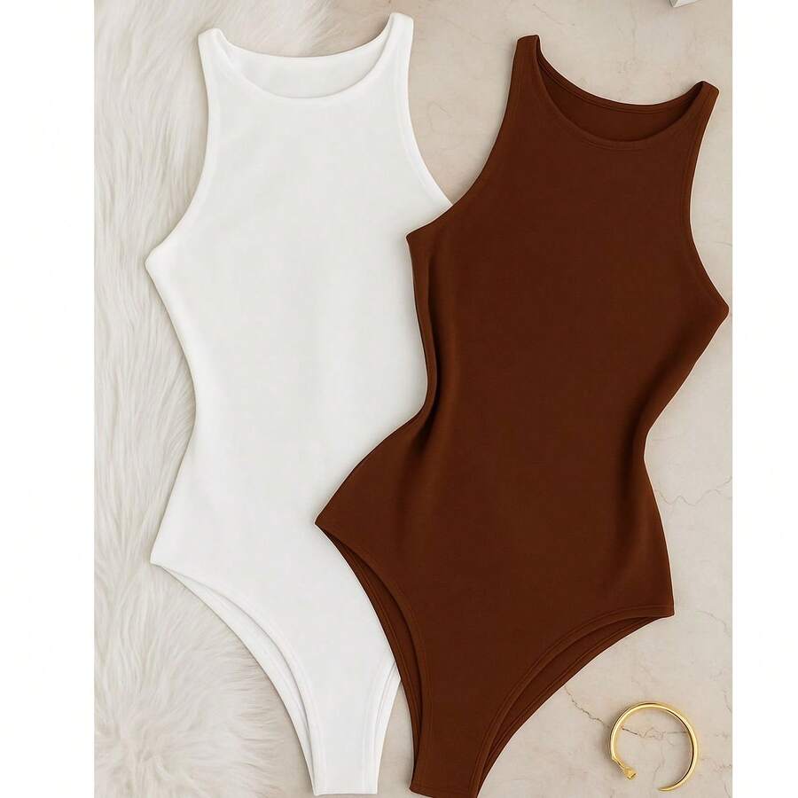Set Of 2 Women's Basic Tank Top Bodysuits With Round Neck, Casual Style, Lined Second Skin, Chic And Timeless - 棕色/白色 - 查看 1