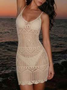 Vestido mini sexy de estilo retro para vacaciones de verano de las mujeres, con diseño calado y de un solo color, para la playa, viajes y estilo bohemio. - Albaricoque - Ver 3