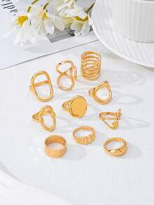10pcs/Set Asymmetrical Vintage Coin Style Rings Set, Geometric Open Rings, Versatile Accessories For Women Suitable For Daily, Dates, Gatherings - Gold - View 3