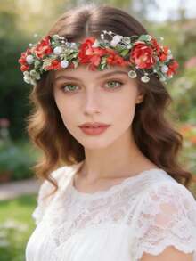 1pc Handmade Bride Red Flower Headband, Romantic Pink Princess Daisy Hair Accessory, Wedding Bridal Hair Decoration Gift - Red - View 2
