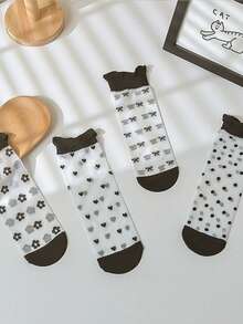 4双装玻璃丝黑色半透明花卉、爱心、蝴蝶结、波点经典百搭春夏时尚长筒袜 - 彩色 - 查看 6