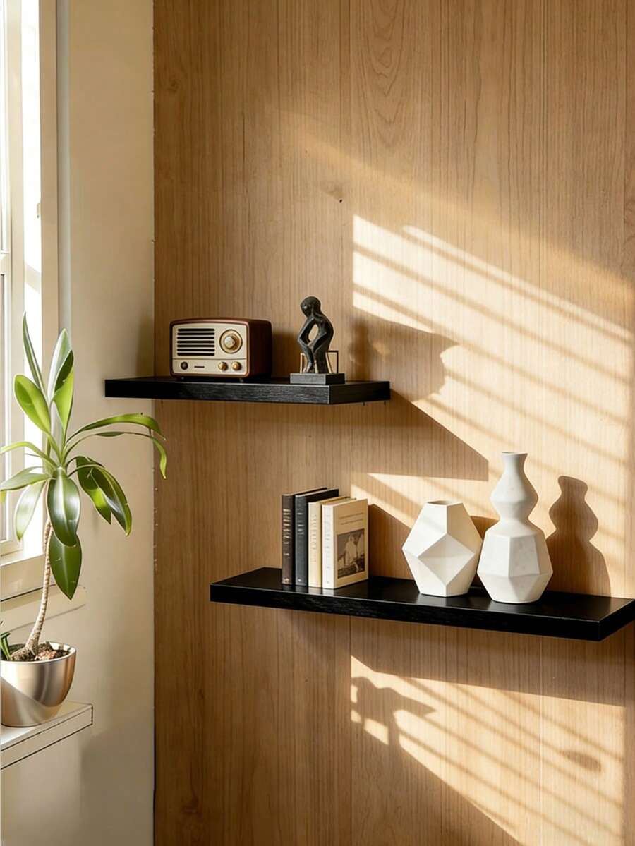 1pc Invisible Floating Shelf, Invisible One-Piece Storage Rack, Suitable For Wall, Bathroom Wall Mount, Wooden Modern Display Rack, Bookshelf, Applicable To Bedroom, Living Room And Kitchen Minimalist One-Piece Shelf, Balcony Wall Mounted Floating Partition, Living Room Bedroom Wall Decor Rack - Black - View 1