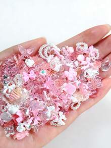 100g/Tüte gemischte rosa transparente Schleifen & Blumen Nail Art Dekorationen, verschiedene süße Harz Rosen, Schmetterlinge, Kirschblüten, Herzen, Monde, Perlen Schleifen, Strass Nail Art Schmuck, 3D niedliche Nail Gems geeignet für Damen & Mädchen Nail DIY - Verschiedenfarbig - Übersicht 9