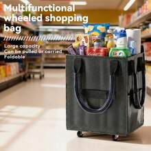 Bolsa de transporte de 60 litros con ruedas, plegable, carrito de compras práctico, reutilizable, con cremallera, ligero, se pliega plano, asa resistente y duradera, adecuado para compras, viajes y camping. - Negro - Ver 2