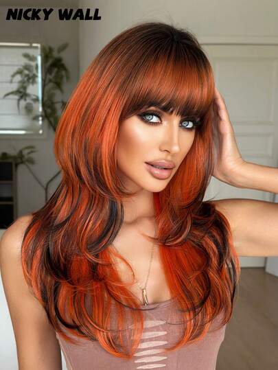 NICKY WALL 22 Inch Layered Orange Wigs For Women Long Straight Black Highlights Wigs With Bangs, High Density Fluffy Synthetic Heat Resistant Fiber Hair Wig For Daily Wear, Music Festival Party Use