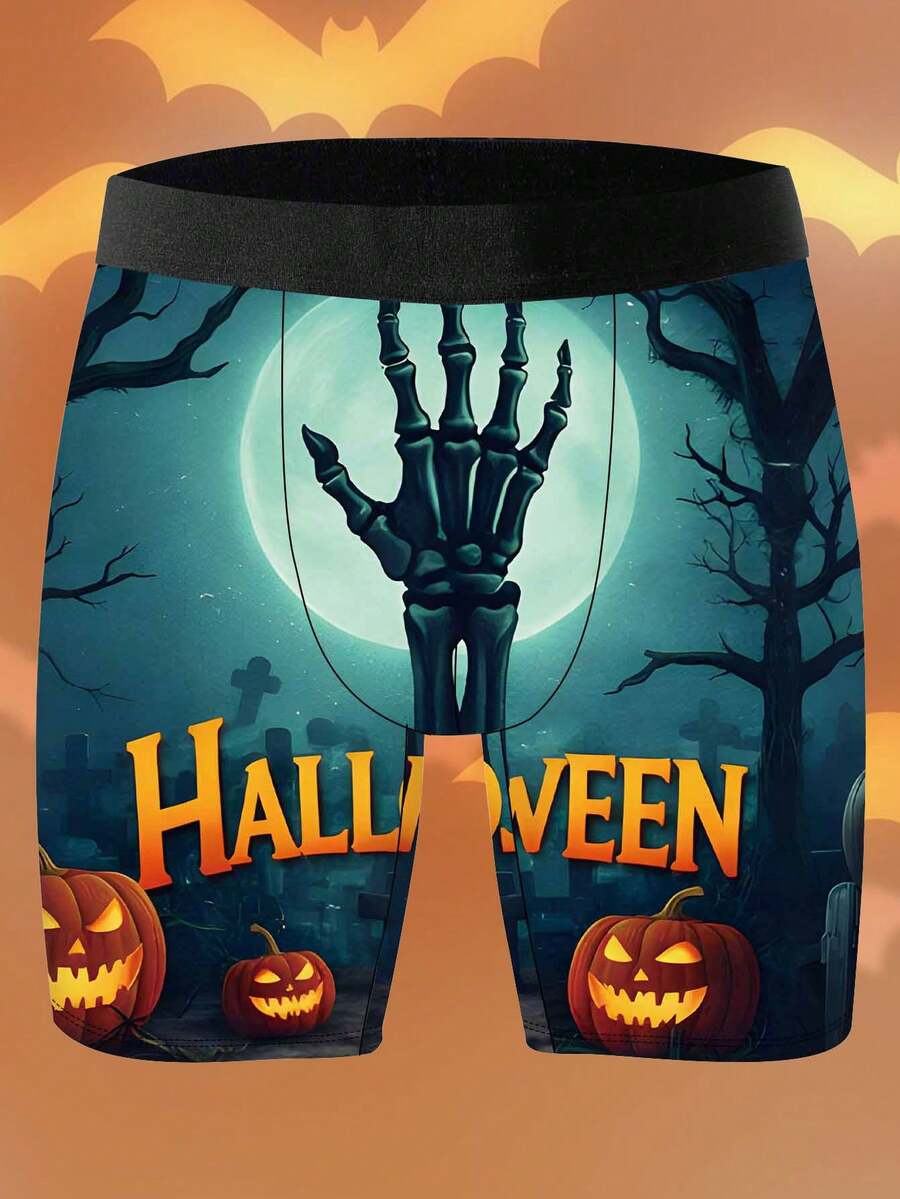 1 chiếc quần boxer nam độc đáo, in hình hoạt hình retro kiểu Mỹ, chủ đề Halloween, chất liệu vải dệt kim, kiểu dáng thể thao rộng rãi, thoáng khí và thấm hút mồ hôi, mềm mại và thân thiện với da, quần lót boxer thể thao thường ngày. - màu đen - Xem 1