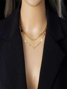 1Pc Fashion Double Layer Stacked Heart Necklace, Cross-Border Stainless Steel Gold Plated Chain New Arrival - Gold - View 4