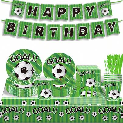 Bộ đồ dùng tiệc chủ đề bóng đá Green Star, bao gồm đĩa giấy, cốc giấy và khăn ăn, thích hợp cho các buổi tiệc sinh nhật, lễ hội, liên hoan và trang trí bàn ăn.