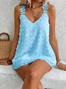 Damen Chiffon Cami Top mit Blumen-Applikation, V-Ausschnitt, normale Länge, lässig Sommer - hellblau - Übersicht 2