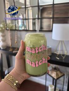 一套粉色字母冰抹茶咖啡玻璃吸管杯，带盖和吸管，玻璃吸管杯饮具 - 彩色 - 查看 8