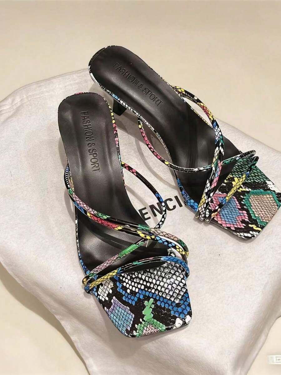 Women's Snake Skin Stiletto Slide Sandals - Square Toe Stilettos Design, Summer Fashion High Heel Mules, Suitable For Party And Daily Outfit, Fashionable And Versatile, Pairs Well With Dresses - Color - View 1