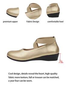 2026 Nya Damskor med Elastisk Ankelrem och Rund Tå och Kilklackar - Guld - Visa 8