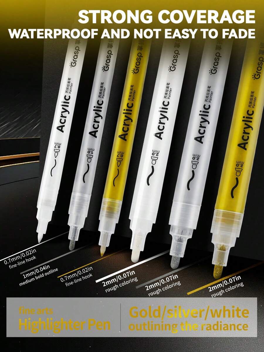 New High-Capacity Highlighter Markers, Classic Gold, Silver, And White Colors, Suitable For Different Styles And Subjects, Durable Tip With Smooth, Uniform Ink Flow, Excellent Color Coverage, Waterproof And Fade-Resistant, Ideal For Illustrations, Anime, Watercolor, Colored Pencil, And Sketches Requiring Enhanced Dimensionality. - Sets - View 1