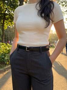 Women's Set Of Belts With Metallic Roller Buckle In Minimalist Faux Leather - Black and White - View 5