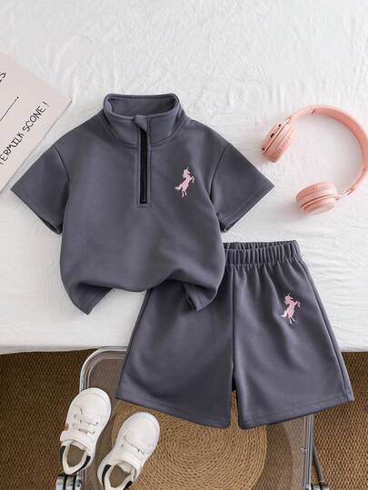Chatreadl Summer New Toddler Gray Casual Set, Pink Unicorn Embroidery Half-Zip Short Sleeve Top And Shorts, Soft Children Clothing, Hot Selling Baby Summer Outfit, Suitable For Spring, Autumn And Winter