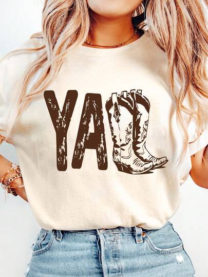 Camiseta casual de talla grande para mujer con gráfico de botas vaqueras con texto "Y'all", de manga corta, cuello redondo y tela elástica cómoda