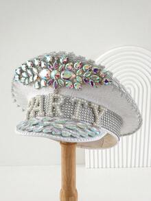 Gorra militar con brillo, perlas y rhinestones - Accesorios para el atuendo de festivales de música y raves para mujeres - Plateado - Ver 1